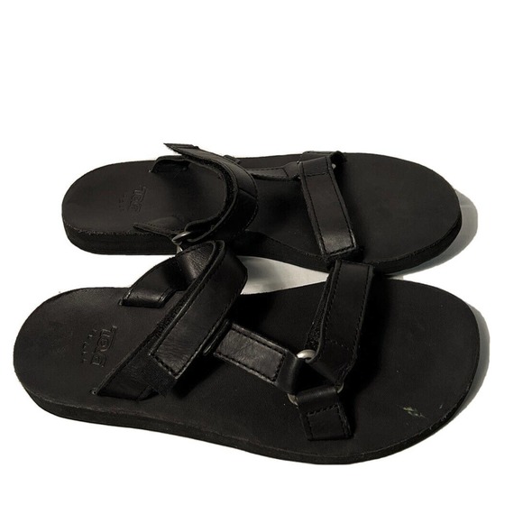 Teva Woman's 9 Universal Slide Sandals Black Leather Adjustable Strap Slip On - Picture 1 of 7
